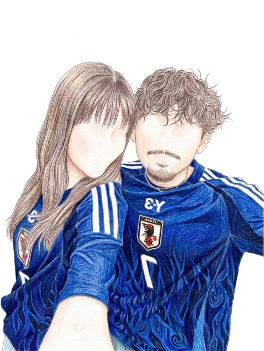 サッカーユニフォームのカップルイラスト